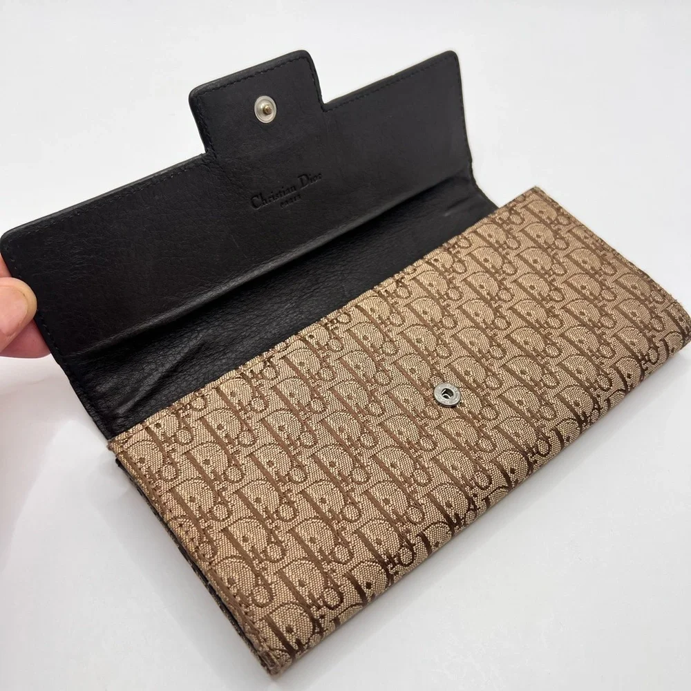 Authentic Christian DIOR Canvas x Leather Monogram Folding Long Wallet